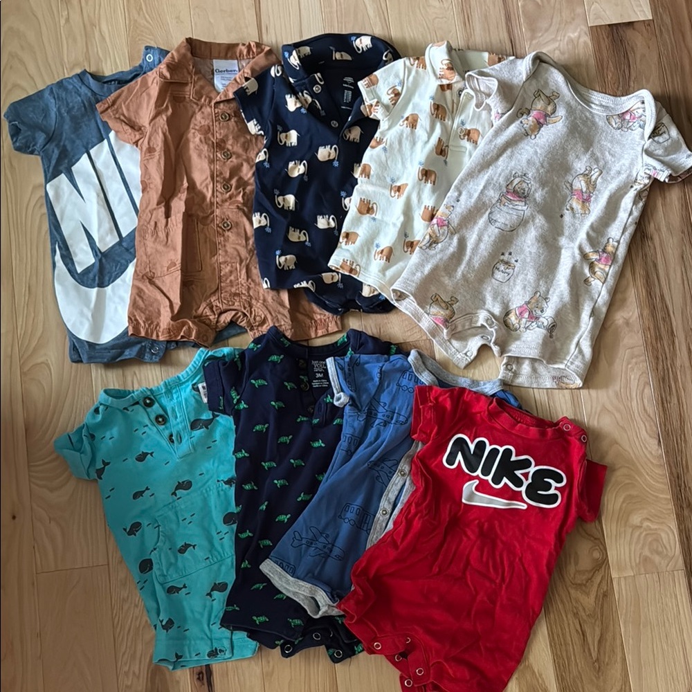 Assorted Baby Rompers- lot of 9- lot of boy clothes - size 0-3